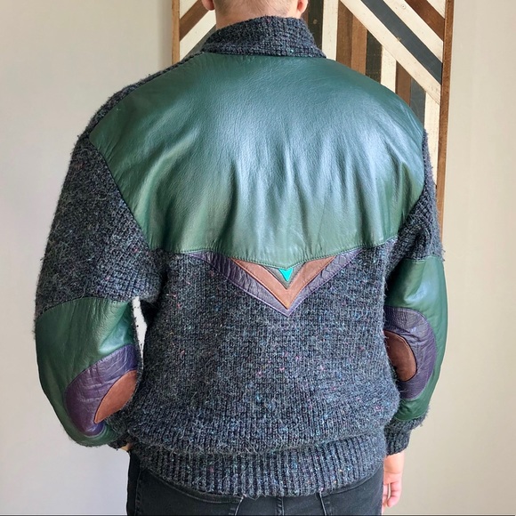 SOLD⚡️Medium 80s vtg chunky knit bomber jacket + leather - Picture 5 of 11